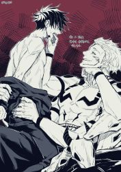 Rule 34 | 2boys, abs, animal skull, arm grab, arm tattoo, blush, extra arms, extra eyes, extra mouth, facial tattoo, finger in another&#039;s mouth, fushiguro megumi, hand on another&#039;s waist, head rest, highres, jacket, jacket partially removed, jujutsu kaisen, kmg4858, looking at another, male focus, monochrome, multiple boys, muscular, muscular male, nail polish, pants, pectorals, ryoumen sukuna (jujutsu kaisen), ryoumen sukuna (true form) (jujutsu kaisen), short hair, shoulder tattoo, sitting, sitting on person, size difference, smile, spiked hair, tattoo, topless male, yaoi