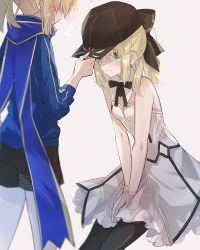 Rule 34 | 2girls, absurdres, aqua eyes, artoria pendragon (all), artoria pendragon (fate), between legs, black bow, black headwear, black pantyhose, black shorts, blonde hair, blue jacket, blue scarf, blush, bow, breasts, cleavage, closed mouth, dress, embarrassed, fate/grand order, fate (series), gloves, hair between eyes, hair bow, hand between legs, hat, highres, invisible chair, jacket, long hair, long sleeves, looking down, multiple girls, mysterious heroine x (fate), nayu tundora, panties, pantyhose, pantyshot, ponytail, profile, saber lily, scarf, short dress, short shorts, shorts, simple background, sitting, sleeveless, sleeveless dress, small breasts, smile, strapless, strapless dress, underwear, white background, white dress, white gloves