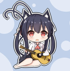 Rule 34 | 1girl, :d, animal ear fluff, animal ears, ascot, barefoot, black hair, black skirt, blue background, blush, breasts, cat ears, cat girl, cat tail, chibi, chisuzu mei, collared shirt, commentary request, fangs, full body, guitar, hair between eyes, hair ribbon, highres, holding, holding instrument, instrument, long hair, long sleeves, looking at viewer, medium breasts, multiple tails, nagato-chan, open mouth, outline, paryi project, pleated skirt, red ascot, red eyes, red ribbon, revision, ribbon, shirt, sidelocks, skirt, smile, solo, tail, tail raised, twintails, two tails, very long hair, virtual youtuber, white outline, white shirt