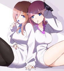 Rule 34 | 2girls, adjusting hair, arm around waist, black pantyhose, blue eyes, blue nails, blue shirt, blunt bangs, blush, breasts, bright pupils, brown hair, butterfly hair ornament, candy, collared shirt, commentary, eyes visible through hair, food, food in mouth, go-toubun no hanayome, hair ornament, hair over one eye, half updo, hand up, highres, holding, holding candy, holding food, holding lollipop, hug, hyoe (hachiechi), large breasts, lollipop, long hair, looking at another, medium hair, multiple girls, nail polish, nakano miku, nakano nino, pantyhose, pink hair, purple nails, purple shirt, shiny skin, shirt, siblings, side-by-side, sidelocks, simple background, sisters, sitting, sleeves past wrists, sweater, thighs, twins, white background, white day, white pupils, white sweater