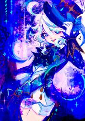 Rule 34 | 1girl, adjusting clothes, adjusting headwear, ahoge, ascot, blue ascot, blue bow, blue coat, blue gemstone, blue hair, blue hat, blue pupils, blue ribbon, blue theme, bow, brooch, coat, cowboy shot, crescent, female focus, flat chest, furina (genshin impact), gem, genshin impact, glint, gloves, hair between eyes, happy, hat, hat bow, hat ribbon, heterochromia, jewelry, long sleeves, looking at viewer, mismatched pupils, multicolored hair, open mouth, otonoha aika, purple eyes, ribbon, sash, shirt, short shorts, shorts, sidelocks, smile, solo, standing, star (symbol), streaked hair, thighs, tilted headwear, top hat, white gloves, white hair, white shirt, white shorts