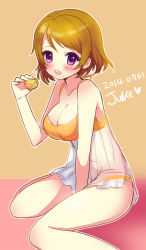 Rule 34 | 10s, 1girl, arm support, artist name, bad id, bad pixiv id, between legs, blush, breasts, brown hair, chemise, dated, food, food on body, food on face, juke, koizumi hanayo, large breasts, love live!, love live! school idol project, macaron, open mouth, purple eyes, short hair, sitting, solo