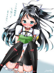 Rule 34 | 10s, 1girl, armor, asymmetric gloves, asymmetrical gloves, between legs, black hair, black thighhighs, blue eyes, blush, elbow gloves, fingerless gloves, gloves, hair between eyes, hand between legs, kantai collection, katsuragi (kancolle), long hair, looking at viewer, messy hair, open mouth, pleated skirt, ponytail, remodel (kantai collection), simple background, sitting, skirt, solo, thighhighs, thighs, uneven gloves, yuuki hb, zettai ryouiki