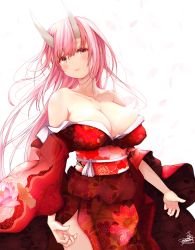 Rule 34 | 1girl, bare shoulders, blush, breasts, cleavage, collarbone, female focus, floating hair, floral print, grey horns, hair between eyes, head tilt, highres, horns, japanese clothes, kimono, large breasts, long hair, long sleeves, looking at viewer, neck, obi, off shoulder, original, parted lips, petals, pink eyes, pink hair, red kimono, red sash, sash, side slit, solo, standing, suzume (simple0091), very long hair, wide sleeves, wind