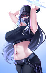 Rule 34 | 1girl, absurdres, armpits, arms behind head, arms up, baseball cap, black gloves, black hair, black hat, black mask, black pants, black shirt, blue archive, blue eyes, breasts, buckle, chest harness, crop top, gloves, halo, harness, hat, highres, karma3009, knife sheath, large breasts, long hair, mask, midriff, mouth mask, pants, saori (blue archive), sheath, shirt, sleeveless, sleeveless shirt, snap-fit buckle, underbust