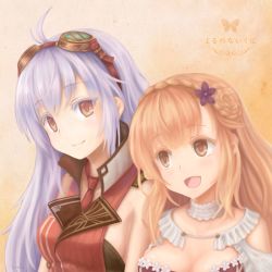 Rule 34 | 2girls, arnas (yoru no nai kuni), bare shoulders, blonde hair, blush, braid, braided bun, breasts, choker, cleavage, couple, eye contact, goggles, goggles on head, hair bun, happy, holding hands, kotatsu (dearbit), large breasts, long hair, looking at another, lyuritis (yoru no nai kuni), multiple girls, necktie, open mouth, red neckwear, ribbed sweater, sideboob, simple background, smile, sweater, two-tone background, very long hair, watermark, white hair, yoru no nai kuni, yuri