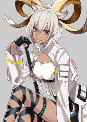 Rule 34 | 1girl, animal ears, arknights, black gloves, black skirt, breasts, carnelian (arknights), cleavage, closed mouth, coat, dark-skinned female, dark skin, dated, gloves, goat ears, goat girl, goat horns, grey background, horns, infection monitor (arknights), leg ribbon, long sleeves, medium breasts, miniskirt, nishi juuji, open clothes, open coat, red eyes, ribbon, shirt, short hair, silver hair, simple background, skirt, smile, solo, thigh strap, underbust, white coat, white shirt