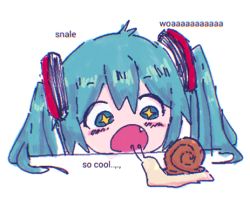 Rule 34 | + +, aqua eyes, aqua hair, bad id, bad twitter id, blush, english text, fang, hair ornament, hatsune miku, kassabakeki, lowres, non-web source, open mouth, simple background, snail, text background, twintails, typo, vocaloid, white background