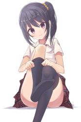 Rule 34 | 1girl, black hair, black thighhighs, blush, closed mouth, collared shirt, commentary request, hair ornament, hair scrunchie, head tilt, knee up, leg up, no shoes, orange scrunchie, original, plaid, plaid skirt, pleated skirt, purple eyes, red skirt, scrunchie, shadow, shirt, short sleeves, side ponytail, sidelocks, sitting, skirt, smile, soles, solo, suzume anko, thighhighs, thighhighs pull, white background, white shirt