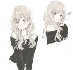 Rule 34 | 1girl, :3, bad id, bad twitter id, black sweater, blonde hair, blush, closed mouth, fuyumino, grey background, grey eyes, hair over shoulder, highres, light smile, long hair, looking at viewer, multiple girls, multiple views, off-shoulder, off-shoulder sweater, off shoulder, original, platinum blonde hair, pout, silver hair, simple background, sketch, smile, squiggle, sweater, tsurime, wavy hair