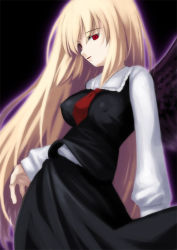Rule 34 | 1girl, alternate hair length, alternate hairstyle, black wings, blonde hair, breasts, covered erect nipples, embodiment of scarlet devil, ex-rumia, female focus, large breasts, long hair, necktie, aged up, red eyes, red necktie, rumia, solo, touhou, wings
