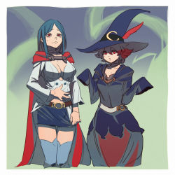 Rule 34 | 2girls, archvermin, belt, blue hair, blush, boots, breasts, chariot du nord, choker, cleavage, cosplay, costume switch, dual persona, hat, highres, large breasts, little witch academia, long hair, multiple girls, open mouth, red eyes, red hair, shiny chariot, shiny chariot (cosplay), short hair, skirt, spoilers, standing, thighhighs, ursula callistis, weight conscious, witch, witch hat