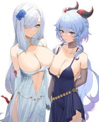 Rule 34 | 2girls, absurdres, arm behind back, bare shoulders, blue dress, blue eyes, blue flower, blue hair, blue rose, breasts, china dress, chinese clothes, cleavage, cleavage cutout, clothing cutout, covered navel, curled horns, dress, eyes visible through hair, flower, ganyu (genshin impact), genshin impact, hair flower, hair ornament, hair over one eye, highres, holding hands, horns, large breasts, light blue hair, long hair, looking at viewer, lordol, multiple girls, navel, navel cutout, purple eyes, rose, shenhe (genshin impact), side slit, silver dress, silver hair, simple background, very long hair, white background