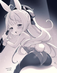 Rule 34 | 1girl, ahoge, alcohol, animal ears, ass, blush, bottle, champagne, champagne bottle, dated, fake animal ears, female focus, from behind, greyscale, hat, kanya pyi, leotard, looking back, monochrome, open mouth, playboy bunny, ponytail, rabbit ears, rabbit tail, solo, strapless, strapless leotard, tail, tomari mari, tomari mari channel, virtual youtuber
