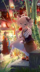 Rule 34 | 1girl, bag, bamboo, blurry, blurry background, blurry foreground, bronya zaychik, bronya zaychik (wolf&#039;s dawn), candy apple, drill hair, earrings, fish, food, goldfish, grass, grey eyes, grey hair, hair between eyes, hair ribbon, highres, holding, holding food, holding weapon, honkai (series), honkai impact 3rd, jewelry, licking, looking at viewer, necktie, plastic bag, red footwear, ribbon, shoes, short sleeves, squatting, thighhighs, tongue, tongue out, twin drills, weapon, wh (user zrmr8753), white thighhighs, wind chime, yellow neckwear