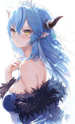 Rule 34 | 1girl, bare shoulders, blue hair, blue nails, blush, breasts, colored tips, demon horns, from side, fur trim, hair between eyes, hand up, haoni, highres, hololive, horn ornament, horns, large breasts, long hair, looking at viewer, looking to the side, multicolored hair, nail polish, parted lips, pointy ears, revision, simple background, smile, solo, streaked hair, tiara, upper body, virtual youtuber, white background, yellow eyes, yukihana lamy