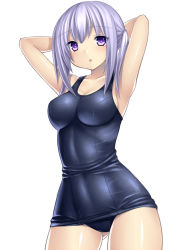 Rule 34 | 1girl, :o, armpits, arms behind head, arms up, blush, breasts, cleavage, light purple hair, one-piece swimsuit, open mouth, original, purple eyes, school swimsuit, short hair, short twintails, simple background, skindentation, solo, swimsuit, tsukumiya amane, twintails, white background
