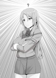 Rule 34 | 1girl, ?, breasts, closed mouth, commentary request, crossed arms, emphasis lines, flower, greyscale, hair between eyes, highres, jacket, jouzaburou (joe3), kantai collection, large breasts, long hair, long sleeves, monochrome, nelson (kancolle), rose, simple background, skirt, solo
