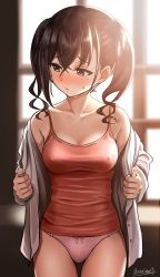 Rule 34 | 1girl, asarime, blush, bow, bow panties, breasts, brown eyes, brown hair, camisole, cleavage, closed mouth, collarbone, covered erect nipples, hair between eyes, highres, idolmaster, idolmaster cinderella girls, indoors, long hair, long sleeves, looking away, medium breasts, mole, mole under eye, panties, pink panties, red camisole, resolution mismatch, shirt, solo, source smaller, standing, sunazuka akira, sweatdrop, twintails, underwear, undressing, white shirt