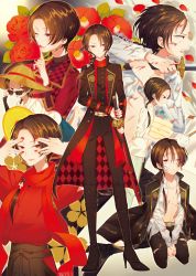 Rule 34 | 10s, 1boy, blood, blood on clothes, blood on face, boots, brown hair, camellia, earrings, fighting stance, finger to mouth, flower, hat, high heel boots, high heels, highres, jacket, jacket on shoulders, japanese clothes, jewelry, kashuu kiyomitsu, katana, male focus, miri (cherryjelly), mole, mole under mouth, multiple persona, nail polish, one eye closed, open clothes, open mouth, open shirt, pants, petals, ponytail, ready to draw, red eyes, red flower, red nails, red rose, rose, scarf, seiza, sheath, sheathed, shirt, sitting, smile, sun hat, sunglasses, sword, torn clothes, torn pants, touken ranbu, towel, uchiko, weapon