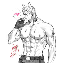 Rule 34 | 1boy, abs, animal ears, bara, belt, blood on pectorals, bryan fury, cowboy shot, frown, greyscale, kemonomimi mode, korean text, large pectorals, looking ahead, male focus, mature male, monochrome, muscular, muscular male, navel, nipples, pectorals, short hair, sideburns, solo, spot color, tekken, topless male, translation request, wrinkled skin, yi lee
