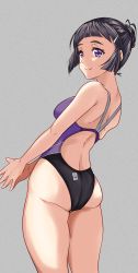 Rule 34 | 1girl, aiuti, alternate eye color, ass, black hair, black one-piece swimsuit, braid, braided bun, breasts, competition swimsuit, cowboy shot, from behind, hair bun, highleg, highleg swimsuit, highres, kantai collection, medium breasts, multicolored clothes, multicolored swimsuit, myoukou (kancolle), one-piece swimsuit, purple eyes, purple one-piece swimsuit, shoulder blades, single hair bun, solo, standing, swimsuit, thick eyebrows