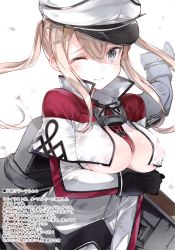 Rule 34 | 1girl, ;), absurdres, anchor, between breasts, black gloves, black ribbon, blonde hair, blue eyes, blush, breast hold, breasts, closed mouth, collar, cowboy shot, cross, gloves, graf zeppelin (kancolle), hair between eyes, hat, highres, iron cross, kantai collection, kou mashiro, large breasts, long sleeves, looking at viewer, machinery, military, military uniform, necktie, necktie between breasts, one eye closed, open clothes, peaked cap, ribbon, scan, short hair, simple background, smile, solo, torn clothes, uniform, wavy mouth, white background