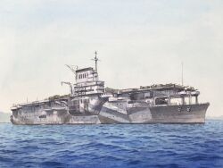 aircraft_carrier atelier_bono bearn_(aircraft_carrier) camouflage french_navy highres military_vehicle no_humans ocean original painting_(medium) ship sky smokestack traditional_media vehicle_focus warship watercolor_(medium) watercraft