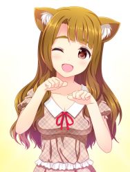Rule 34 | 1girl, :d, animal ears, bad id, bad twitter id, blunt bangs, blush, breasts, brown eyes, brown hair, cleavage, commentary request, copyright request, dot nose, gradient background, highres, looking at viewer, medium breasts, neck ribbon, open mouth, paw pose, red ribbon, ribbon, smile, solo, totokichi, unmoving pattern, upper body, yellow background