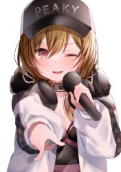 Rule 34 | 1girl, :d, ;d, baseball cap, black hat, blush, breasts, brown eyes, brown hair, cleavage, clothes writing, collarbone, commentary request, d4dj, english text, fur-trimmed jacket, fur trim, hair between eyes, hat, headphones, headphones around neck, highres, holding, holding microphone, jacket, komomo (ptkrx), long hair, long sleeves, looking at viewer, microphone, one eye closed, open clothes, open jacket, open mouth, outstretched arm, pointing, pointing at viewer, puffy long sleeves, puffy sleeves, simple background, sleeves past wrists, small breasts, smile, solo, teeth, upper body, upper teeth only, white background, white jacket, yamate kyouko