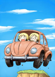 Rule 34 | 2girls, ^ ^, bad id, bad pixiv id, blonde hair, car, closed eyes, cloud, day, erica hartmann, glasses, motor vehicle, multiple girls, open mouth, siblings, sisters, sky, strike witches, strike witches: suomus misfits squadron, takanaga kouhei, ursula hartmann, vehicle, vehicle focus, volkswagen, volkswagen beetle, world witches series