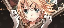 Rule 34 | 1girl, absurdres, blonde hair, blue eyes, blush, closed mouth, copyright request, eyes visible through hair, gloves, hair ornament, hairclip, highres, kagamine rin, light blush, light smile, looking at viewer, portrait, samei ikusa, solo, vocaloid, white gloves