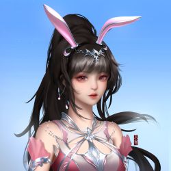 Rule 34 | 1girl, absurdres, animal ears, blue background, breasts, brown hair, closed mouth, collar, douluo dalu, dress, earrings, hair ornament, highres, jewelry, long hair, medium breasts, metal collar, pink dress, pink eyes, ponytail, rabbit ears, solo, upper body, xiao wu (douluo dalu), zenme maorongrong de a