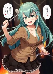 Rule 34 | 1girl, :d, blush, breasts, brown skirt, brown sweater, buttons, cleavage, collarbone, commentary request, cowboy shot, fingernails, green eyes, green hair, hair between eyes, heart, highres, holding, holding ladle, ichikawa feesu, kantai collection, ladle, large breasts, long hair, long sleeves, open mouth, pleated skirt, skirt, smile, solo, speech bubble, suzuya (kancolle), sweater, translated