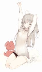 Rule 34 | 1girl, arm behind head, arms up, blush, braid, closed mouth, full body, grey eyes, grey sweater, hat, long hair, long sleeves, looking at viewer, lpip, mini hat, original, seiza, simple background, sitting, socks, solo, stretching, stuffed animal, stuffed rabbit, stuffed toy, sweater, white background, white socks