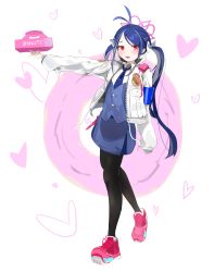 Rule 34 | 1girl, absurdres, antenna hair, armband, bad id, bad twitter id, badge, black pantyhose, blue archive, blue hair, blue necktie, blue skirt, blue vest, bow, box, candy, collared shirt, food, food in mouth, fubuki (blue archive), full body, grey hair, hair bow, hair ornament, halo, heart, heart hair ornament, highres, holding, holding box, jacket, kuy3ang, light blush, lollipop, long sleeves, looking at viewer, multicolored hair, necktie, open mouth, pantyhose, parted bangs, pencil skirt, red eyes, red footwear, shirt, shoes, simple background, skirt, smile, sneakers, solo, streaked hair, twintails, vest, walkie-talkie, white background, white bow, white jacket, white shirt