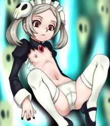 Rule 34 | 1girl, apron, bloody marie (skullgirls), cameltoe, cleft of venus, e10, flat chest, frown, hair ornament, maid, maid apron, maid headdress, mary janes, nipples, panties, red eyes, shoes, sitting, skull hair ornament, skullgirls, thighhighs, torn clothes, twintails, underwear, white hair, white thighhighs