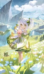 Rule 34 | 1girl, back bow, bare shoulders, blue sky, bow, cloud, commentary request, cross-shaped pupils, crossed arms, day, dress, field, flower, flower field, from side, genshin impact, grass, green dress, green eyes, hair between eyes, hair ribbon, highres, holding, holding flower, lake, landscape, looking at viewer, medium hair, mountain, nahida (genshin impact), off shoulder, open mouth, outdoors, pine tree, ribbon, scenery, side ponytail, sky, solo, standing, symbol-shaped pupils, tree, water, white flower, white hair, wind, yurayura (mdeh5447)