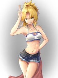 Rule 34 | 1girl, bad id, bad pixiv id, bare arms, bare shoulders, belt, black belt, blonde hair, braid, breasts, collarbone, commentary request, fate/grand order, fate (series), green eyes, hair ornament, hair scrunchie, highres, holding, holding clothes, holding jacket, jacket, long hair, looking at viewer, medium breasts, mordred (fate), mordred (fate/apocrypha), mordred (memories at trifas) (fate), navel, parted bangs, parted lips, ponytail, red scrunchie, scrunchie, short shorts, shorts, smile, solo, tab head, teeth