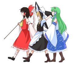 Rule 34 | 3girls, apron, arms behind head, ascot, black vest, blonde hair, blue skirt, bow, braid, brown eyes, brown hair, chest sarashi, closed eyes, closed mouth, detached sleeves, frilled bow, frilled hair tubes, frills, frog hair ornament, gohei, green eyes, green hair, hair bow, hair ornament, hair tubes, hakurei reimu, hat, hat bow, holding, holding gohei, kirisame marisa, kochiya sanae, long hair, multiple girls, open mouth, red bow, red skirt, ribbon-trimmed sleeves, ribbon trim, sarashi, short sleeves, side braid, single braid, skirt, skirt set, smile, snake hair ornament, touhou, vest, waist apron, walking, white apron, white bow, witch hat, yakousei no kame, yellow ascot