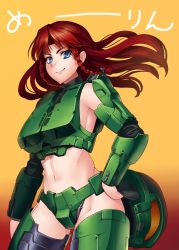 Rule 34 | 1girl, armor, armpits, bad id, bad pixiv id, blue eyes, braid, cosplay, female focus, groin, halo (game), halo (series), helmet, holding, hong meiling, long hair, looking at viewer, master chief, master chief (cosplay), no bra, red hair, smile, solo, taketora suzume, touhou, twin braids