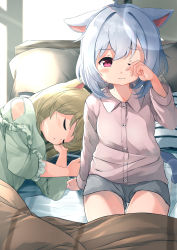 Rule 34 | 2girls, :o, animal ears, arm support, bed, brown hair, brown shirt, cat ears, cat girl, cat tail, closed eyes, closed mouth, collared shirt, commentary request, dress shirt, green shirt, grey shorts, highres, long sleeves, looking at viewer, lying, multiple girls, on side, one eye closed, original, parted lips, pillow, purple eyes, rubbing eyes, shirt, short shorts, shorts, silver hair, sitting, sleeping, sora (silent square), tail, under covers, waking up, wavy mouth