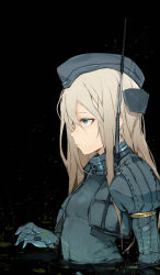 Rule 34 | 10s, 1girl, bad id, bad pixiv id, black background, blonde hair, blue eyes, breasts, contrast, cropped jacket, garrison cap, grey hair, hat, highres, hiranko, kantai collection, light particles, long hair, partially submerged, profile, sketch, small breasts, solo, u-511 (kancolle), upper body, water