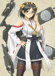 Rule 34 | 10s, 1girl, adjusting eyewear, black hair, black pantyhose, blush, boots, breasts, cannon, detached sleeves, glasses, green-framed eyewear, hairband, hand on own hip, hida tatsuo, highres, japanese clothes, kantai collection, kirishima (kancolle), medium breasts, miko, pantyhose, personification, ribbon-trimmed sleeves, ribbon trim, semi-rimless eyewear, short hair, skirt, smile, solo, thigh boots, thighhighs, turret