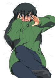 Rule 34 | 1girl, aiba-tsukiko, black hair, blush, brown eyes, glasses, green shirt, jimiko, original, shirt, simple background, socks, solo, sweater, tears