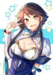 Rule 34 | 1girl, breasts, brown hair, chai xianghua, cleavage, cleavage cutout, clothing cutout, hairband, highres, long hair, looking at viewer, medium breasts, open mouth, smile, solo, soul calibur, soulcalibur, soulcalibur vi, tagme, upper body, yellow eyes