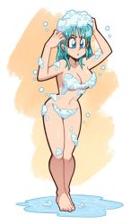 Rule 34 | 1girl, barefoot, blue eyes, blue hair, breasts, bulma, dragon ball, itsdatskelebutt, large breasts, long hair, looking away, matching hair/eyes, monochrome, nude, solo