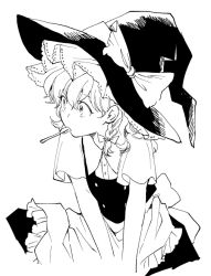 Rule 34 | 1girl, apron, back bow, bow, braid, closed mouth, collared shirt, cropped legs, expressionless, frilled apron, frills, from side, greyscale, hair behind ear, hair between eyes, hair bow, hat, hat bow, hatching (texture), kirisame marisa, linear hatching, looking away, monochrome, mouth hold, natsume (menthol), shirt, short sleeves, side braid, simple background, single braid, sitting, solo, spoon, tareme, touhou, utensil in mouth, v arms, waist apron, wavy hair, white background, wing collar, witch hat