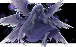 Rule 34 | 1girl, bad id, bad pixiv id, barefoot, dress, closed eyes, feathered wings, grey hair, highres, kankan33333, long hair, outstretched arms, purple hair, sariel (touhou), solo, touhou, touhou (pc-98), very long hair, wings