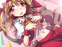 Rule 34 | 1girl, ascot, blonde hair, flandre scarlet, hat, hemogurobin a1c, looking at viewer, lying, midriff, mob cap, navel, on back, open mouth, pink eyes, shirt, skirt, solo, stuffed animal, stuffed toy, tears, teddy bear, touhou, vest, wings, wrist cuffs